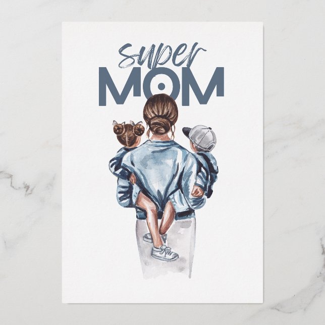 Personalized Super Mom with Son and Daughter Gift  Foil Invitation (Front)