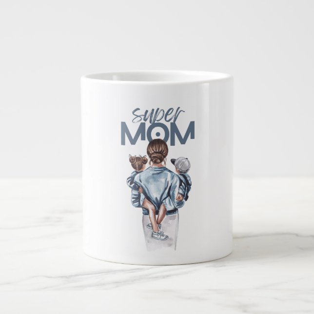 Personalized Super Mom with Son and Daughter Gift Giant Coffee Mug (Front)