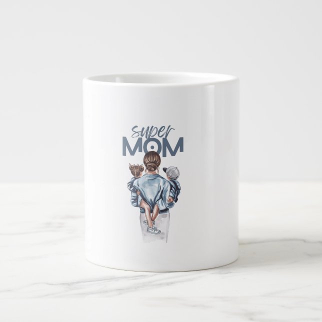 Personalized Super Mom with Son and Daughter Gift Giant Coffee Mug (Front)