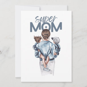 Personalized Super Mom with Son and Daughter Gift Holiday Card