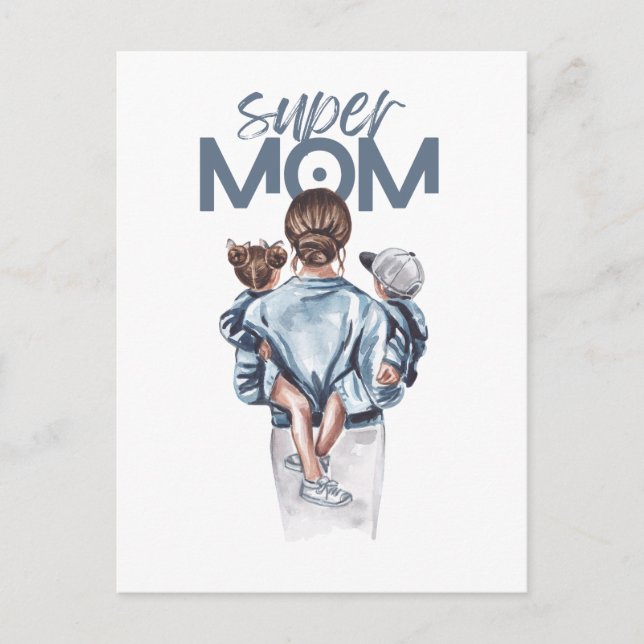 Personalized Super Mom with Son and Daughter Gift Holiday Postcard (Front)