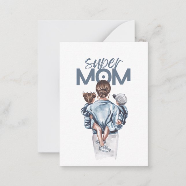 Personalized Super Mom with Son and Daughter Gift  Note Card (Front)