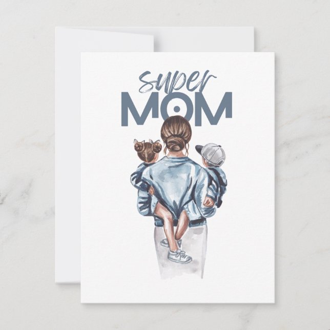 Personalized Super Mom with Son and Daughter Gift Note Card (Front)