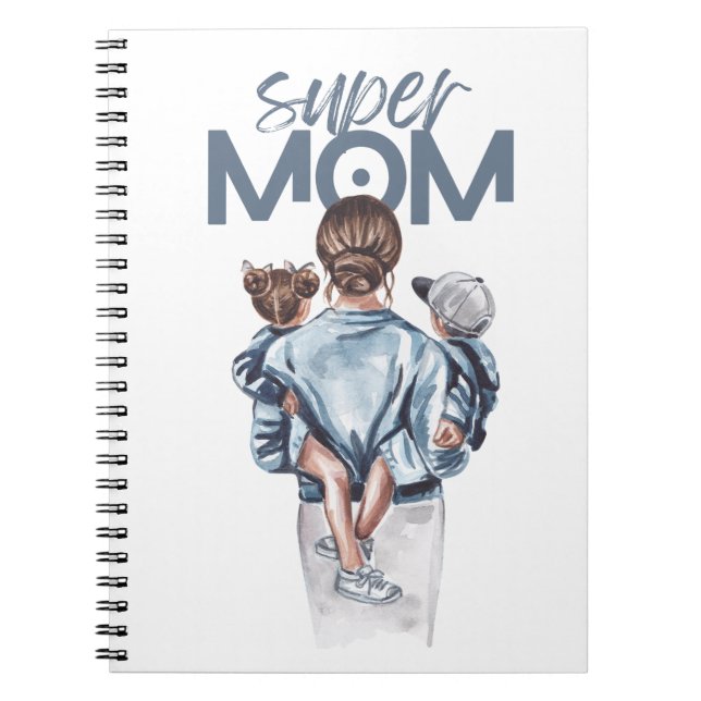 Personalized Super Mom with Son and Daughter Gift Notebook (Front)