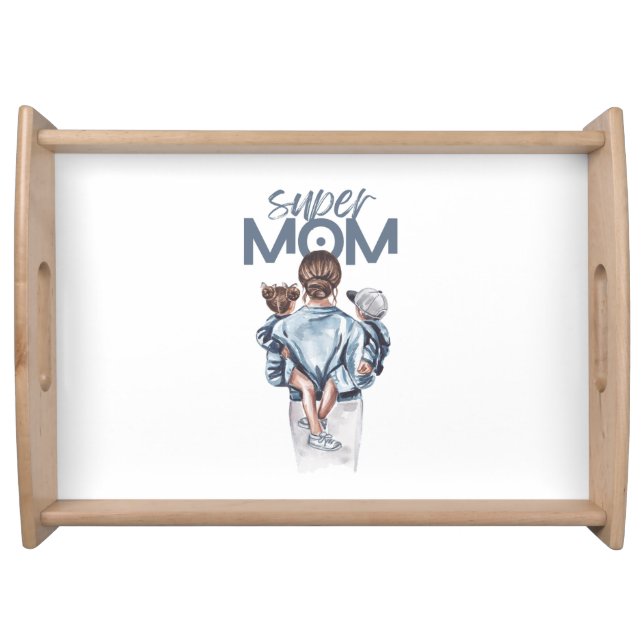 Personalized Super Mom with Son and Daughter Gift Serving Tray (Front)