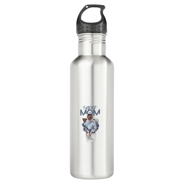 Personalized Super Mom with Son and Daughter Gift Stainless Steel Water Bottle (Front)