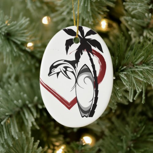 Personalized Surfboard n Dolphin Surfing Christmas Ceramic Ornament