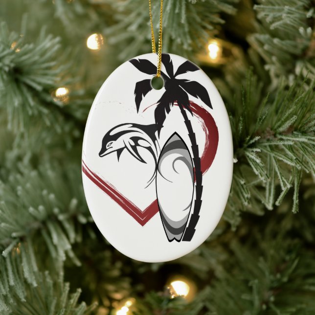 Personalized Surfboard n Dolphin Surfing Christmas Ceramic Ornament (Tree)