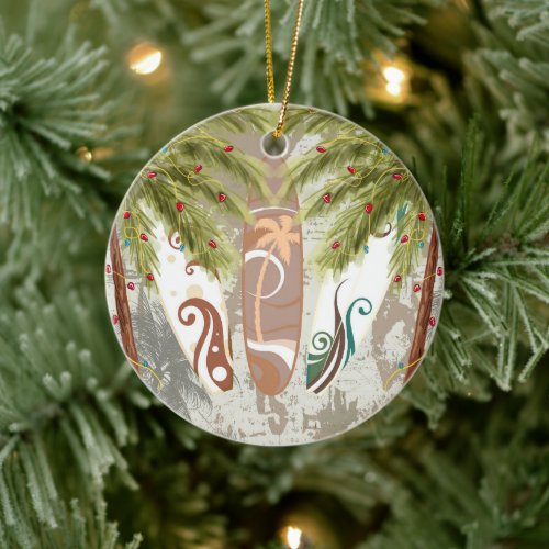 Personalized Surfboards and Palm Trees Beach Ceramic Ornament