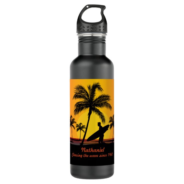 Personalized Surfer surfing chasing the wave Water Bottle (Front)