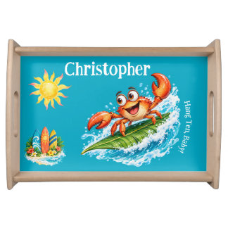 Personalized Surfing Crab Tropical Beach Serving Tray