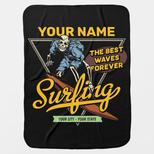 Personalized Surfing Skeleton Ride Waves Surfer  Baby Blanket (Front)