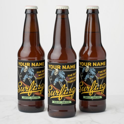 Personalized Surfing Skeleton Ride Waves Surfer  Beer Bottle Label