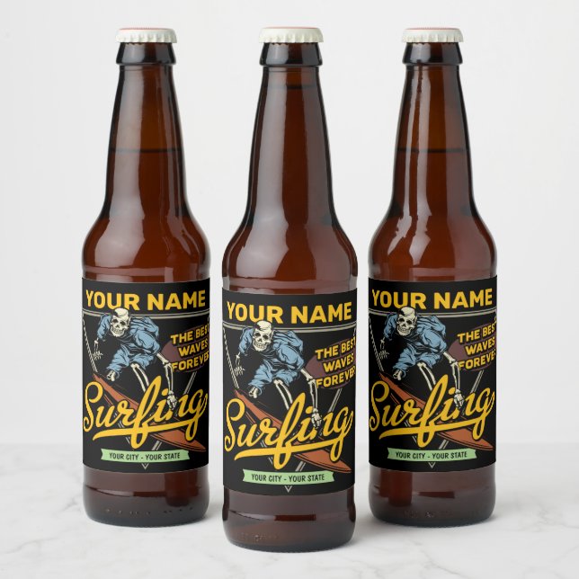 Personalized Surfing Skeleton Ride Waves Surfer  Beer Bottle Label (Bottles)