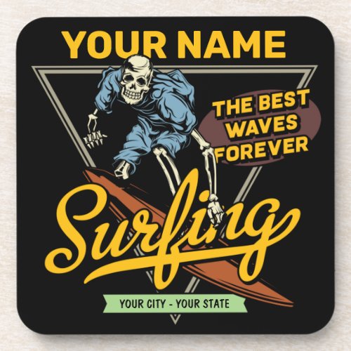Personalized Surfing Skeleton Ride Waves Surfer  Beverage Coaster