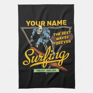Personalized Surfing Skeleton Ride Waves Surfer  Kitchen Towel