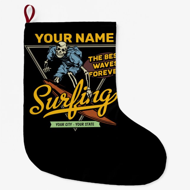 Personalized Surfing Skeleton Ride Waves Surfer  Large Christmas Stocking (Front)