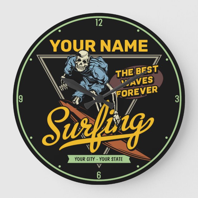 Personalized Surfing Skeleton Ride Waves Surfer Large Clock (Front)