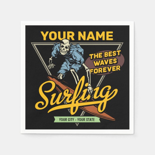 Personalized Surfing Skeleton Ride Waves Surfer  Napkins (Front)
