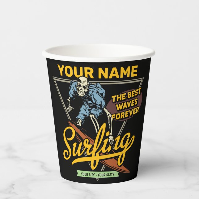 Personalized Surfing Skeleton Ride Waves Surfer  Paper Cups (Front)