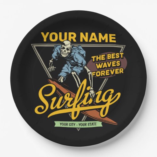 Personalized Surfing Skeleton Ride Waves Surfer  Paper Plates
