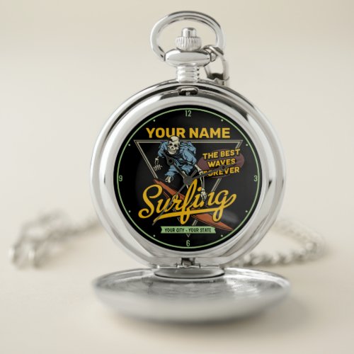 Personalized Surfing Skeleton Ride Waves Surfer Pocket Watch