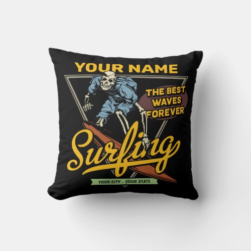 Personalized Surfing Skeleton Ride Waves Surfer Throw Pillow