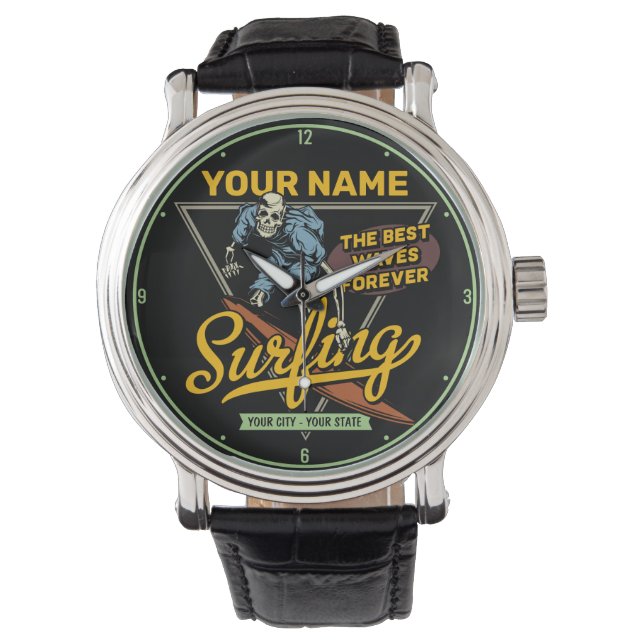 Personalized Surfing Skeleton Ride Waves Surfer  Watch (Front)