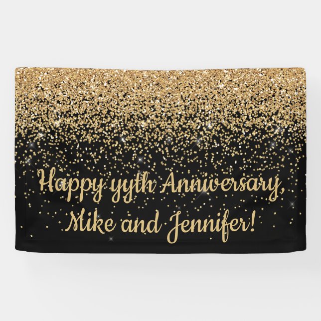Personalized Surprise Anniversary Party Black Gold Banner (Horizontal)