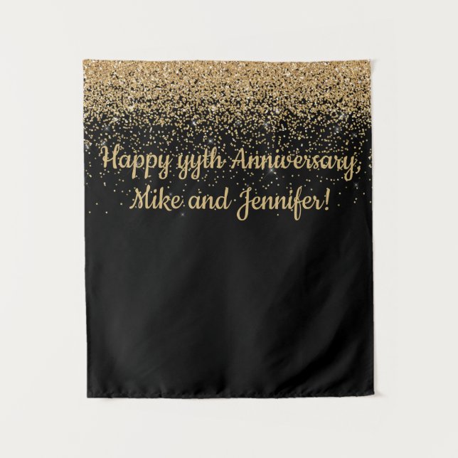 Personalized Surprise Anniversary Party Black Gold Tapestry (Front)