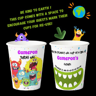 Personalized Sustainable Colorful Monster Birthday Paper Cups