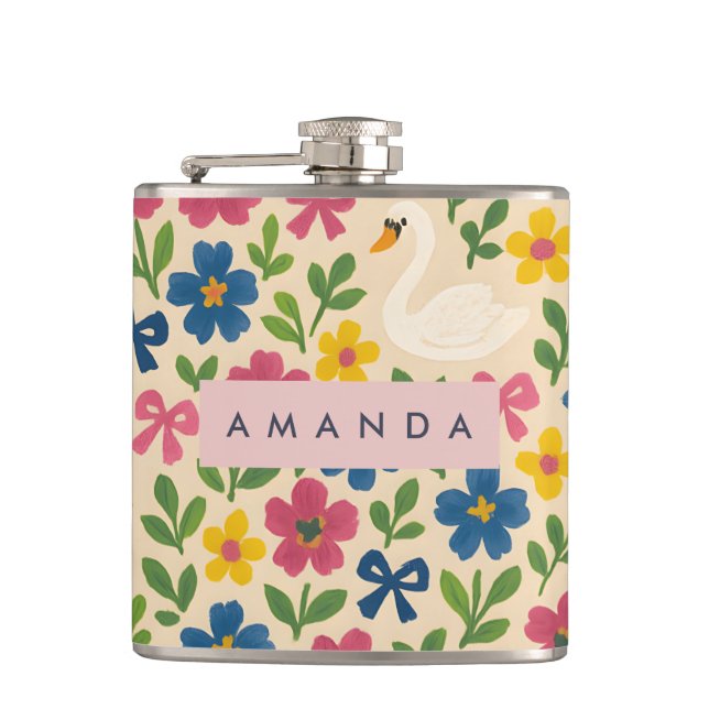 Personalized Swan Garden Floral Pattern Flask (Front)