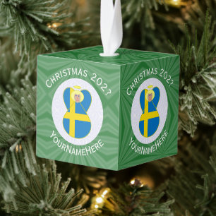 Personalized Swedish Angel Christmas Flag Cube Ornament