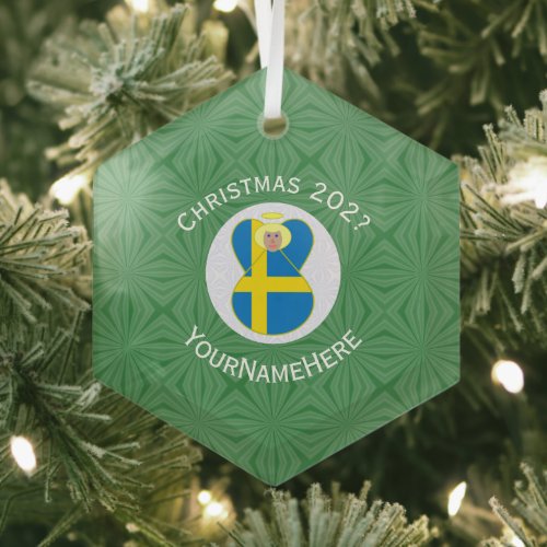 Personalized Swedish Angel Christmas Flag  Glass Ornament