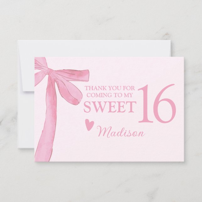 Personalized Sweet 16 Birthday Coquette Pink Bow  Thank You Card (Front)