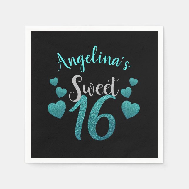 Personalized Sweet 16 Birthday Turquoise Glitter Napkins (Front)
