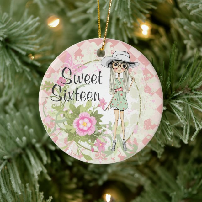 Personalized Sweet 16 Blond Girl Flowers Christmas Ceramic Ornament (Tree)