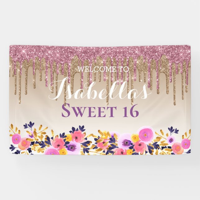 Personalized Sweet 16 | Floral Dripping Glitter Banner (Horizontal)