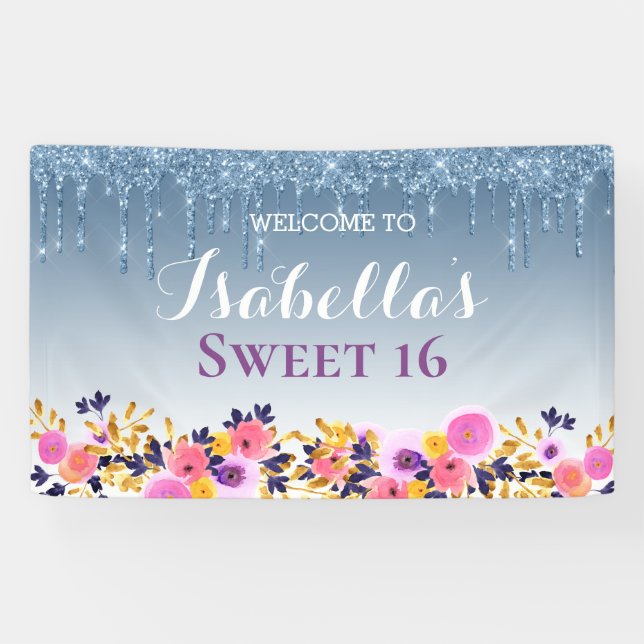 Personalized Sweet 16 | Floral Dripping Glitter Banner (Horizontal)