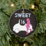 Personalized Sweet 16 Girl And Car ~ Pink, Blue Ceramic Ornament at Zazzle