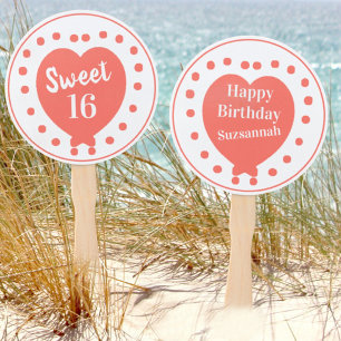 Personalized Sweet 16 Happy Birthday Coral Heart Hand Fan