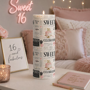 Personalized Sweet 16 Newspaper Birthday Pillar Candle
