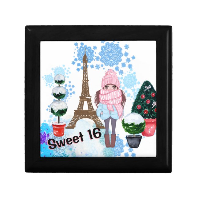 Personalized Sweet 16 Paris Winter Eiffel Tower Gift Box (Front)