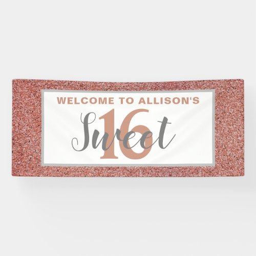 Personalized Sweet 16 Party Pink Rose Gold Glitter Banner