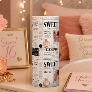 Personalized Sweet 16 Photo Newspaper Birthday Pillar Candle