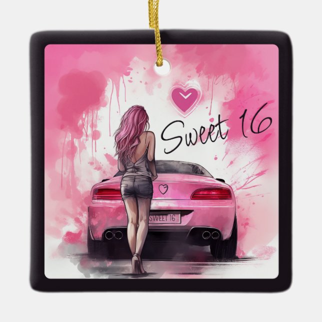 Personalized Sweet 16 Pink Car and Girl Christmas Ceramic Ornament (Front)