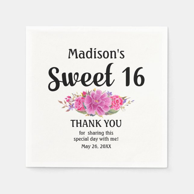 Personalized Sweet 16 Pink Floral Sweet Sixteen Paper Napkins (Front)