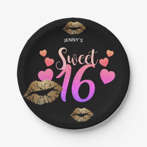 Personalized Sweet 16 Plates _ Pink Glitter LIPS