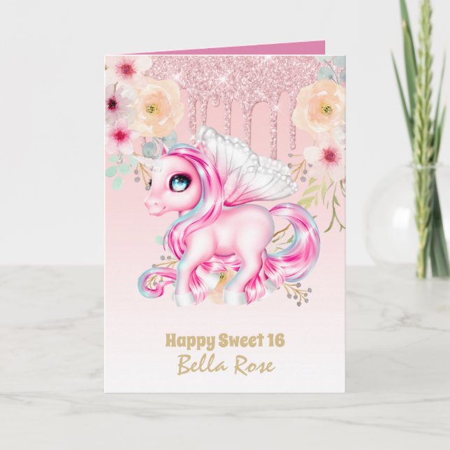 Personalized Sweet 16 Pretty Unicorn Birthday Card (Front)