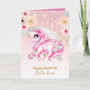 Personalized Sweet 16 Pretty Unicorn Birthday Card
